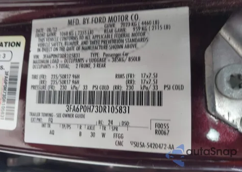 2013 Ford Fusion Se z USA, uszkodzony, nr VIN 3FA6P0H73DR105831